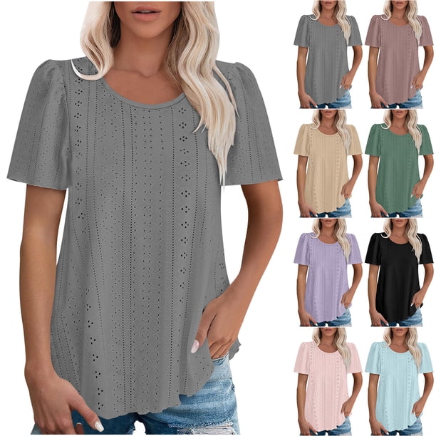 Tops cortos para mujer,Camiseta de color liso para mujer, cuello redondo, manga corta, mezcla de algodón suave, transpirable, informal, para uso diario, sopatenor