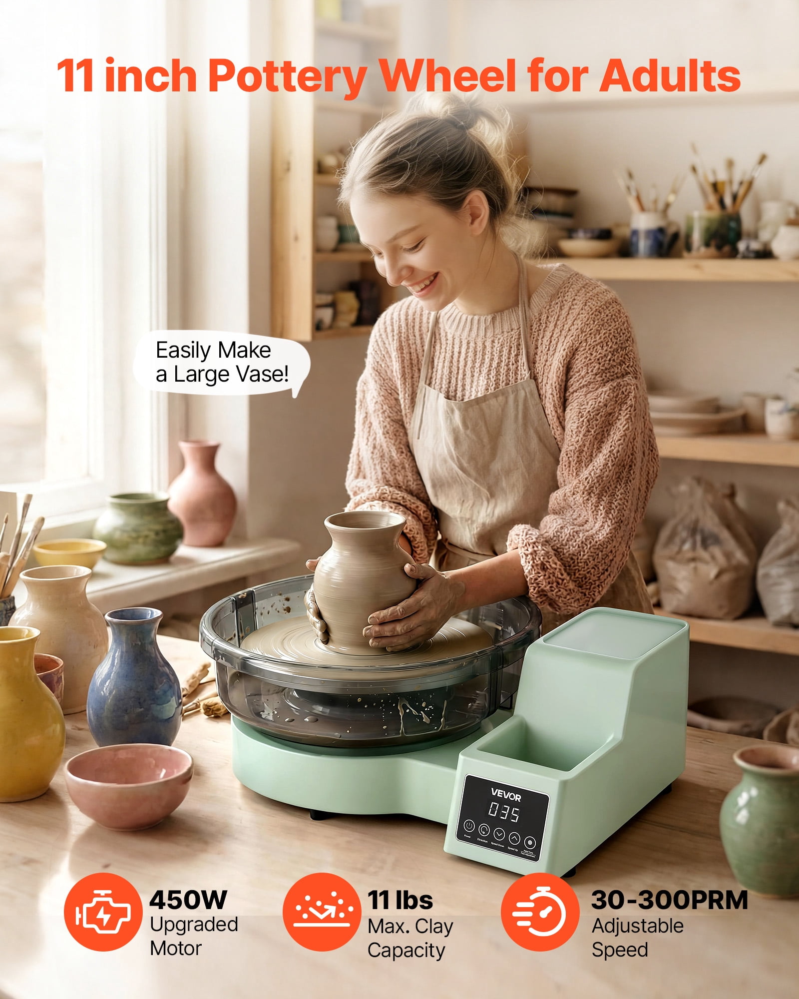 VEVOR Pottery Wheel for Adults, 11" Aluminum Turntable, 450W Electric Table Top Pottery Wheel with Foot Pedal, 30-300 RPM Adjustable Speed, Detachable Basin, for Beginners, DIY Clay Art Craft, Green