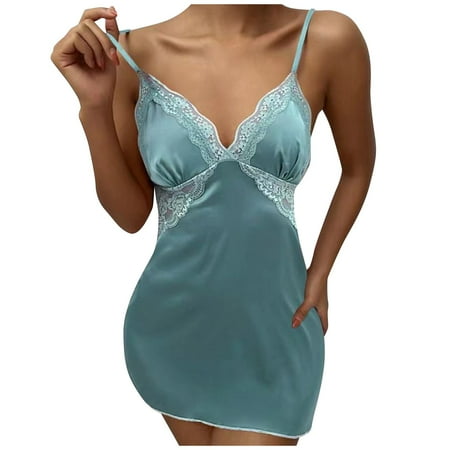 

BIZIZA Women s Sexy Lingerie Chemise See Through Nightdress Lace V Neck Plus Size Babydoll Light Blue L