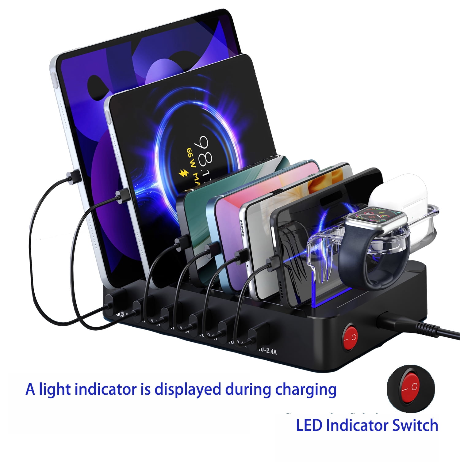 USB C Multi Dock 6 Ports PD 96W Smart Fast Charging Dock Station 3X PD 20W USB C Charging Port, Compatible with Phones, lPads, Watches, Tablets, and Multiple Devices (6 cables included)