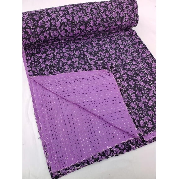A And E Textiles House Purple Kantha Quilt Hand block Print Handmade Kantha Work Hand stitched kantha quilt Purple Handmade Quilt purple bed sheets bedding