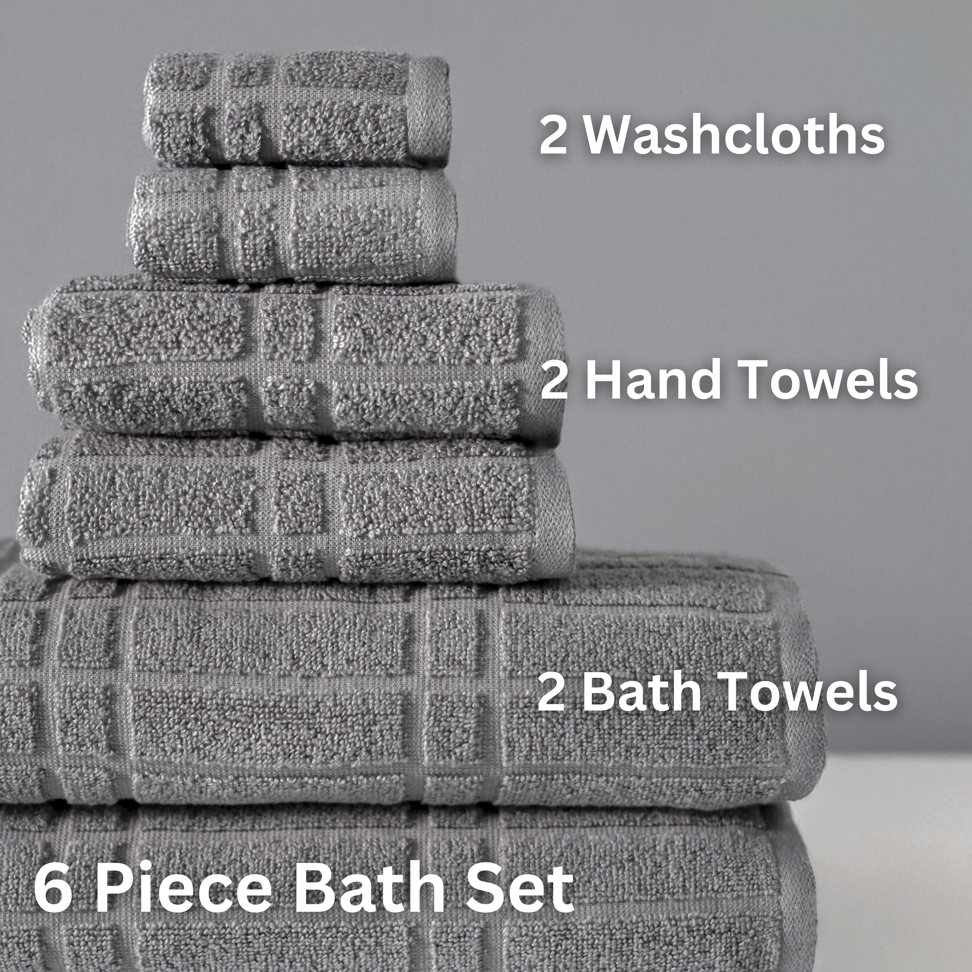 Mainstays Performance Cotton 6-Piece Bath Towel Set, Super Soft Quick Dry Fade Resistant, Textured Grey