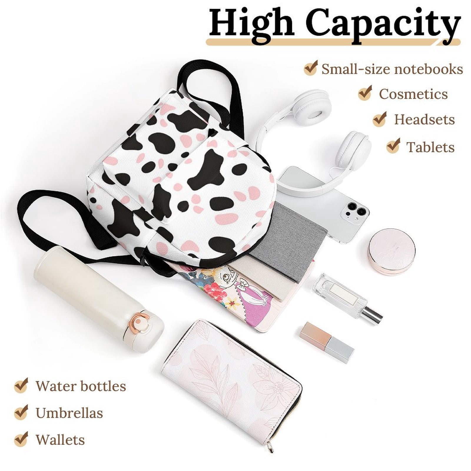 8.1×10in Casual Women'S Backpack With Anti-Contraction And Stretch For Sports Activities Travel Picnics Simple Cow Print Pattern White Background, Pink And White_1