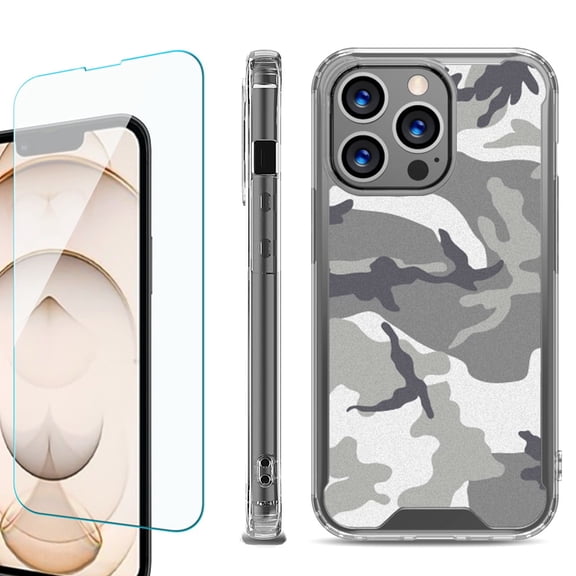Shockproof Bumper Phone Case for iPhone 13 Pro Max, with Tempered Glass Screen Protector, by OneToughShield ® - Urban Camo