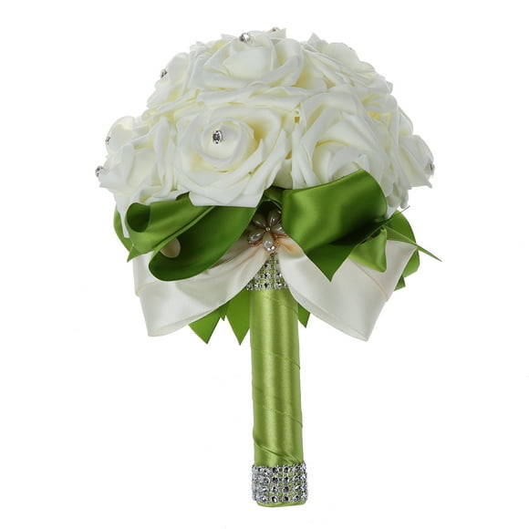 Beautiful Wedding Bouquet Bridal Bridesmaid Flower wedding bouquet artificial flower bouquet white bridal bouquets-Green Ribbon