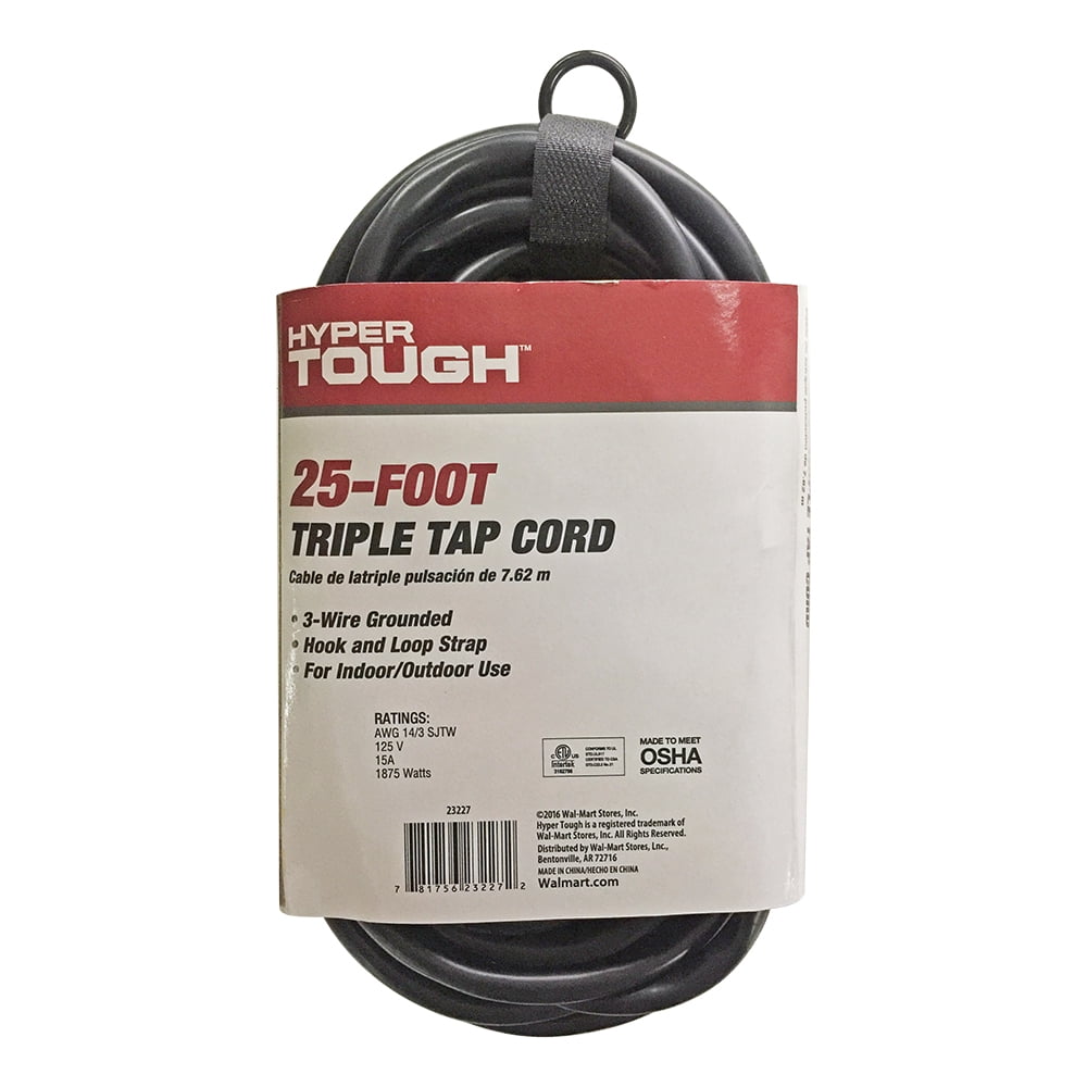 Hyper Tough 25ft SJTW 14/3 Triple Tap Black Outdoor Extension Cord