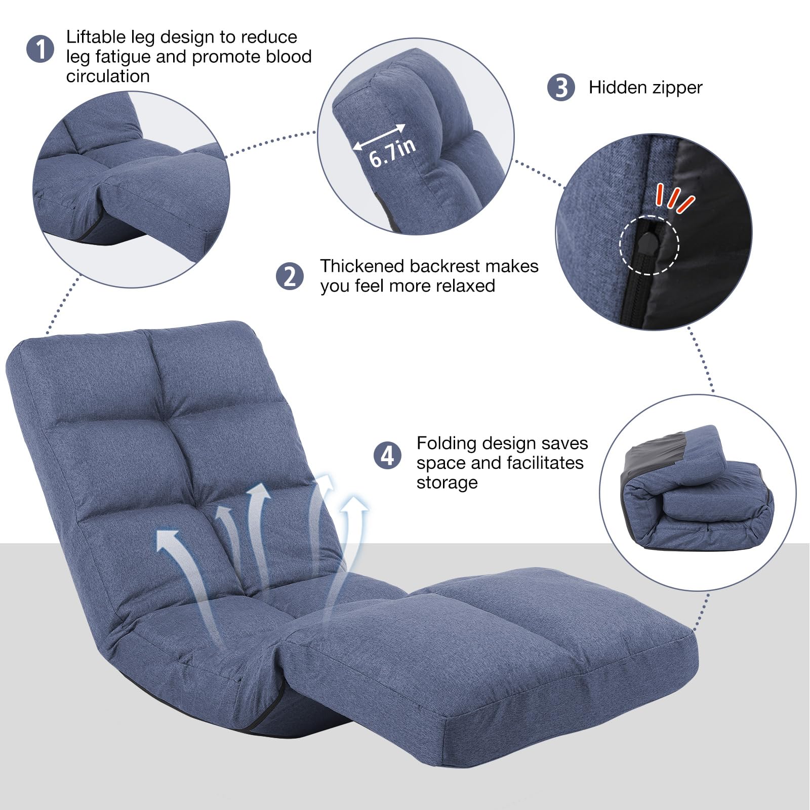 Floor Chair with Footrest Adjustable Backrest with 14 Positions Footrest 5-Position Adjustment Foldable Floor Gaming Chair for Easy Storage Linen Fabirc Chaise Lounge
