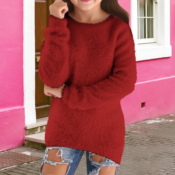 UACY Teens Girls Fleece Sweatshirts Fall Winter Warm Furry Pullover Sweatshirt Long Sleeve Cute Trendy Plain Thick Tops (Red, 7-8 Years)