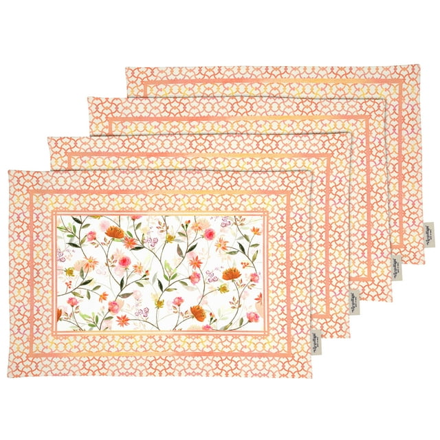 Vargottam Napperons - Ensemble de Table pour Table à Manger, Ensemble de 4 - Imprimé & Réversible Serviette en Coton - Napperons d'Intérieur pour Maison & Cuisine Table à Manger - Floraux (Pêche)