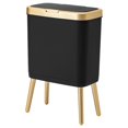 thumbnail image 1 of Bote de basura de oficina con tapa, bote de basura de baño negro con borde dorado, cubo de basura moderno y estrecho con patas, cubo de basura delgado de plástico para dormitorio, sala de, 1 of 4