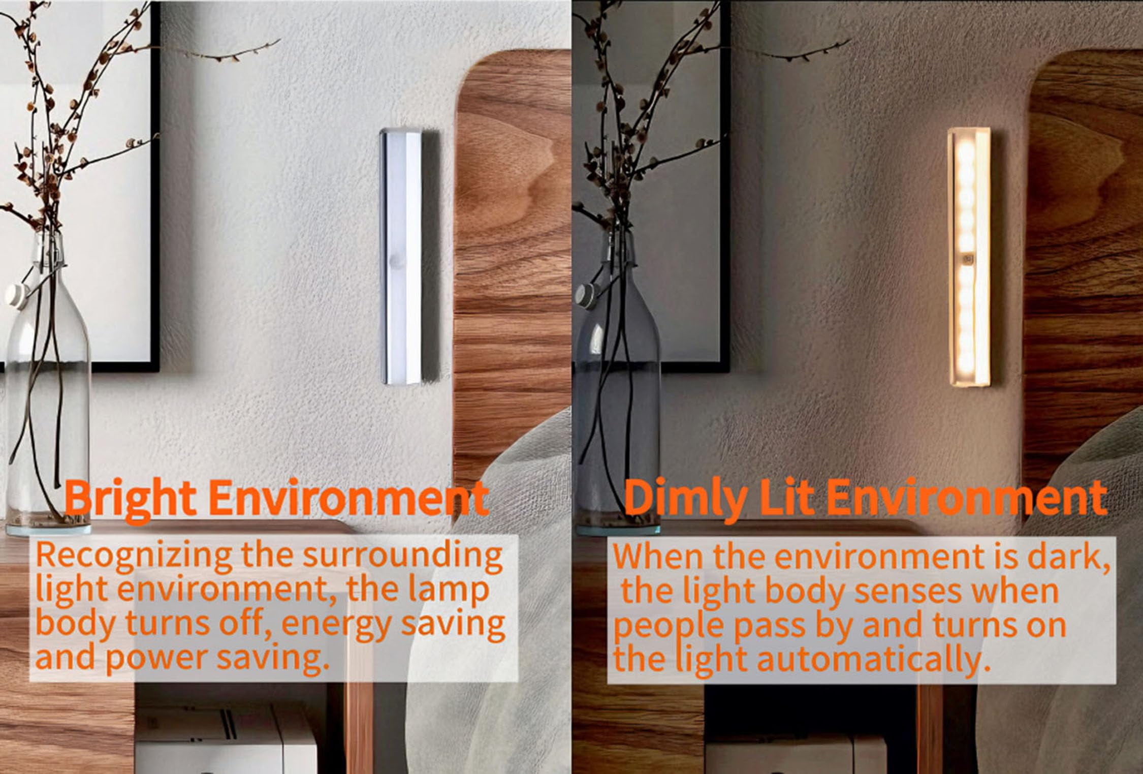 2 PCS(Warm white light)Sensor Light Under Cabinet Lighting Control, Wireless Stick-Anywhere Night Safe Light Bar for Wardrobe,Kitchen