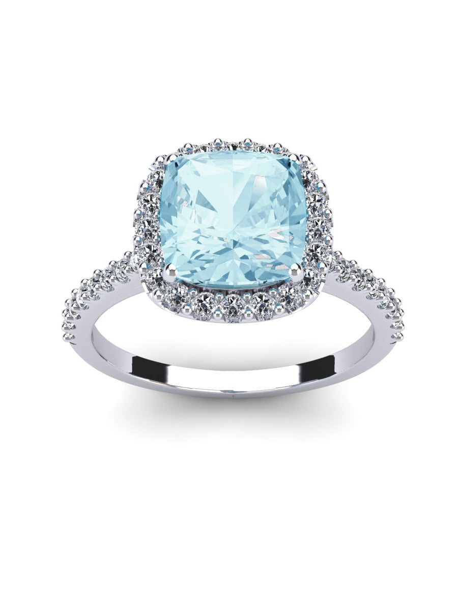 2 12 Carat Cushion Cut Aquamarine And Halo Diamond Ring In 14k White Gold