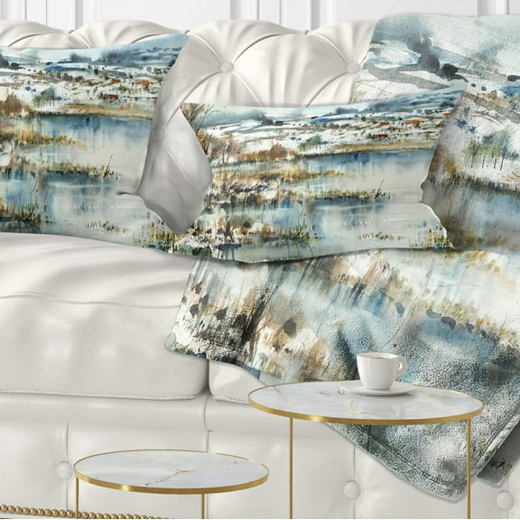 Designart Wide Blue Winter Lake Watercolor - Landscape Painting Throw Pillow - 12x20