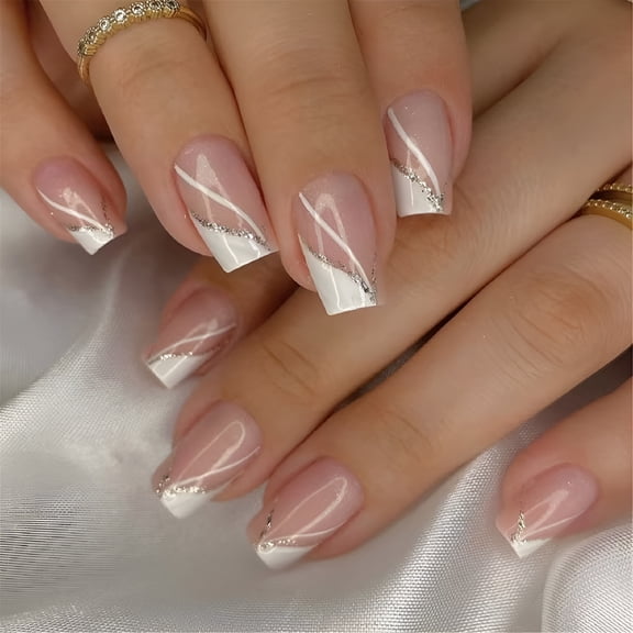 RAGUPEL Fashion Short Square Stick on Nail French Tip False Nail Glossy Acrylic Press on Nail Manicure Nail Accessories Square French Tip Press on Nails 24 Pcs