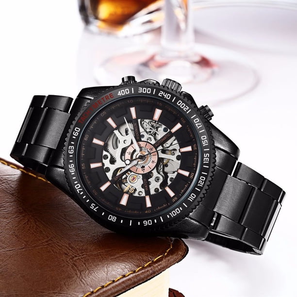 Reloj mecánico de acero hueco para hombre, reloj de pulsera mecánico con puntero redondo