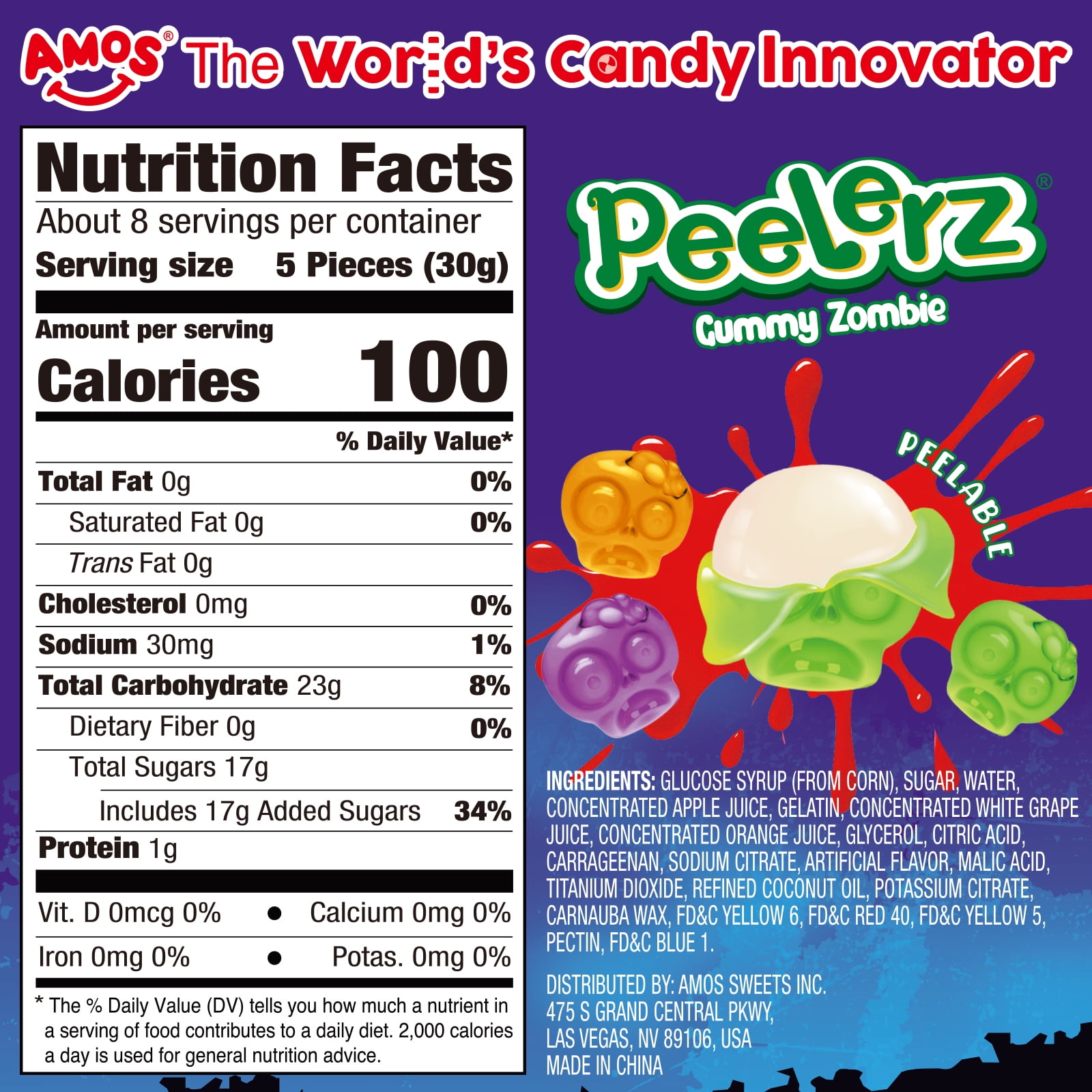 AMOS, Halloween Gummy Candy, 8.47 oz, Peelable Gummy Zombie