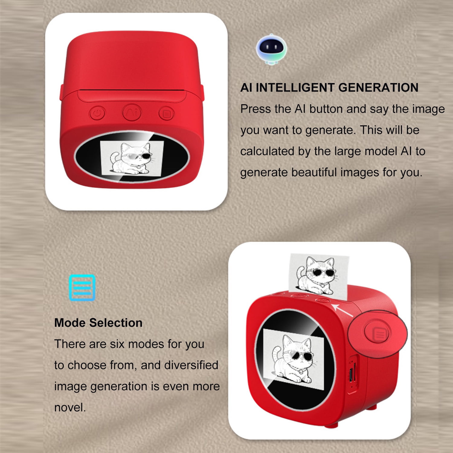AI Voice Control Instant Thermal Printer, 2.4 Inch HD Screen Portable Mini Printer with 6 Art Styles, DIY Drawing Printer for Birthday Creative Gift,Red