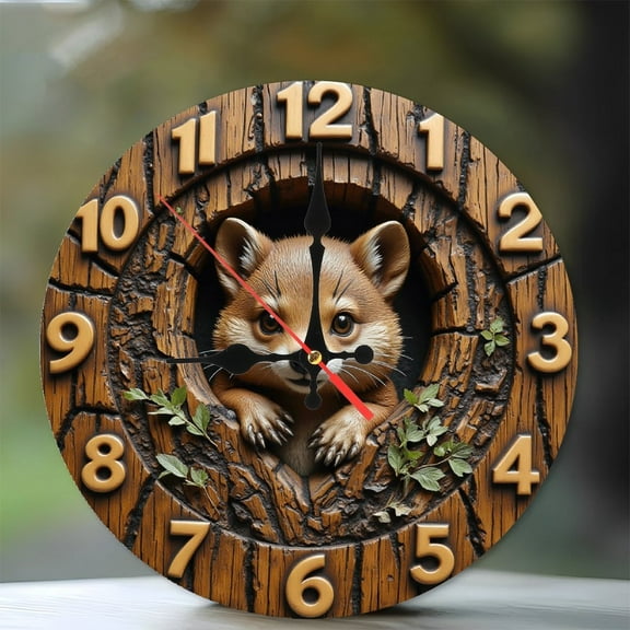 Wooden Wall Clock with Animal Design Nature Decor 10-Inch Silent Wooden Wall Clock, Battery Operated (AA Batteries Not Included), Artistic Home Decor