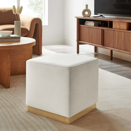 Tilden 17" Square Performance Velvet Upholstered Ottoman in Alabaster Natural