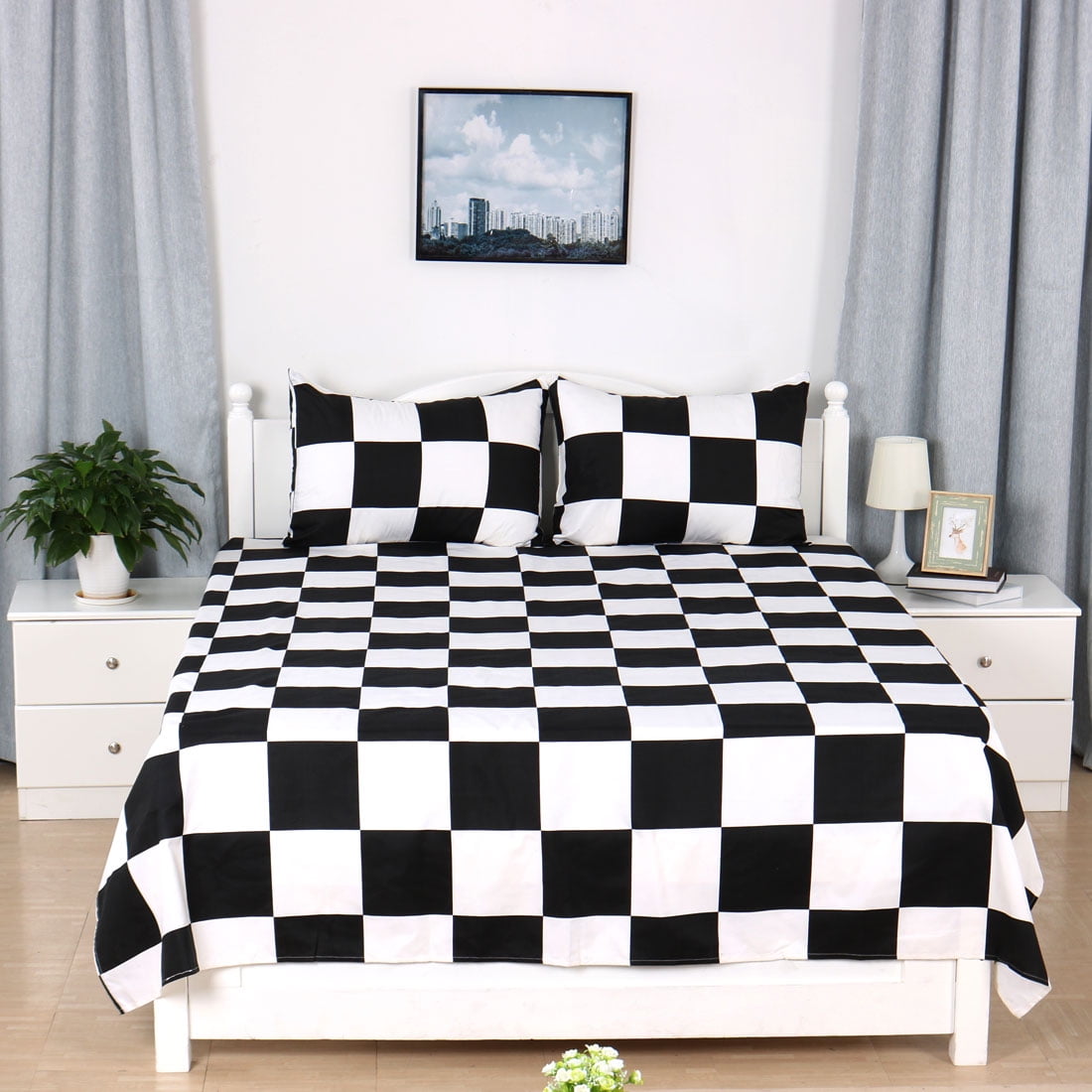 Bedroom Square Grid Pattern Soft Bed Sheet Pillow Cover Bedding Set Queen Size | Walmart Canada