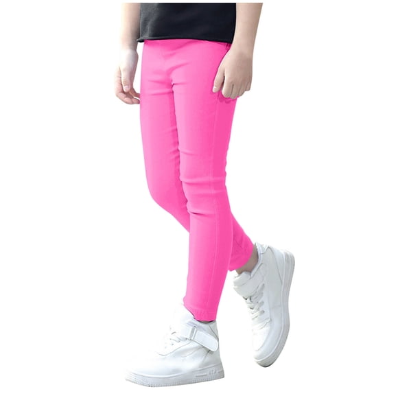 GDREDA Girls' Basic Solid Full Length Cotton Soft Leggings (Hot Pink,5-6 Years)