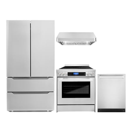 Cosmo 4 Piece Kitchen Appliance Packages with 30  Freestanding Electric Range 30  Under Cabinet Range Hood 24  Built-in Integrated Dishwasher & French Door Refrigerator Kitchen Appliance Bundles
