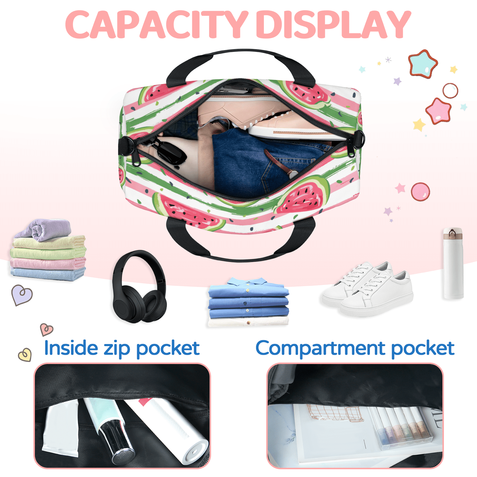 Herdesigns Watermelon Travel Duffle Bag Sports Yoga Weekender Overnight Carry on Workout Bags Lightweight Waterproof Gym Tote Bag for Women