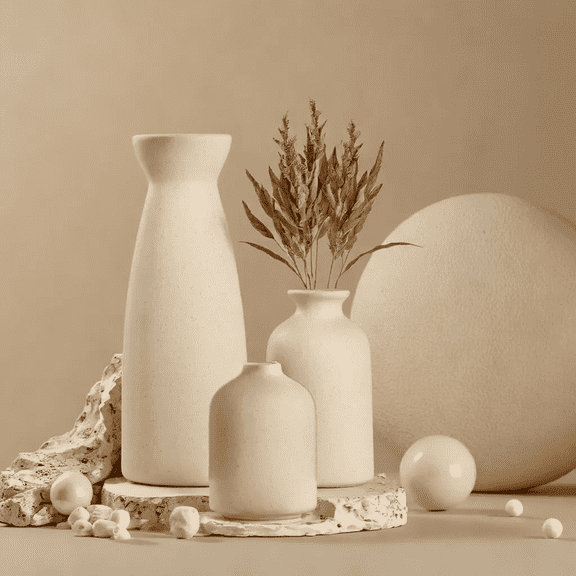 Set of 3 Beige Minimalist Ceramic Vases - Elegant Flower Vase - Perfect For Home Decor & Banquet Decor