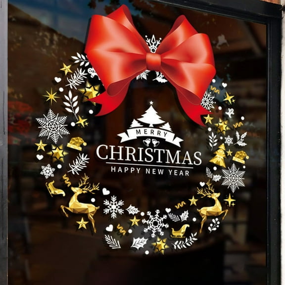 Christmas Wreath Stickers, Christmas Decoration Stickers, Electrostatic Window Clings for Glass and Mirrors, PVC Holiday Wall Decals Green Festive Removable Adhesive