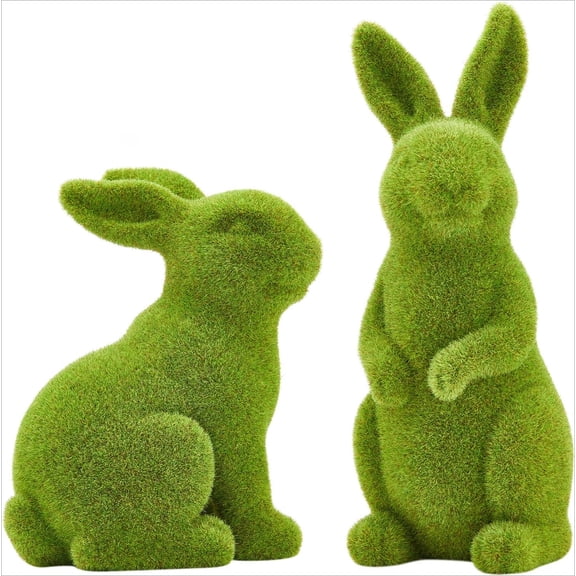 2 Pack Easter Furry Flocked Bunny Garden Decorations Artificial Moss Rabbit Easter Décor Figurines Tabletop Ornament (4.3in, 5.5in)