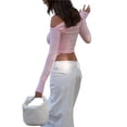 thumbnail image 4 of Fortune Women Basic Slim T-Shirts Solid Long Sleeve Ruched Off Shoulder Crop Top, 4 of 7
