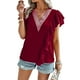 thumbnail image 1 of Camisa de manga corta para mujer, cuello en V profundo, empalme de encaje con volantes, Color puro, informal, suelta, Top de manga corta para mujer para verano, rojo vino M, 1 of 8
