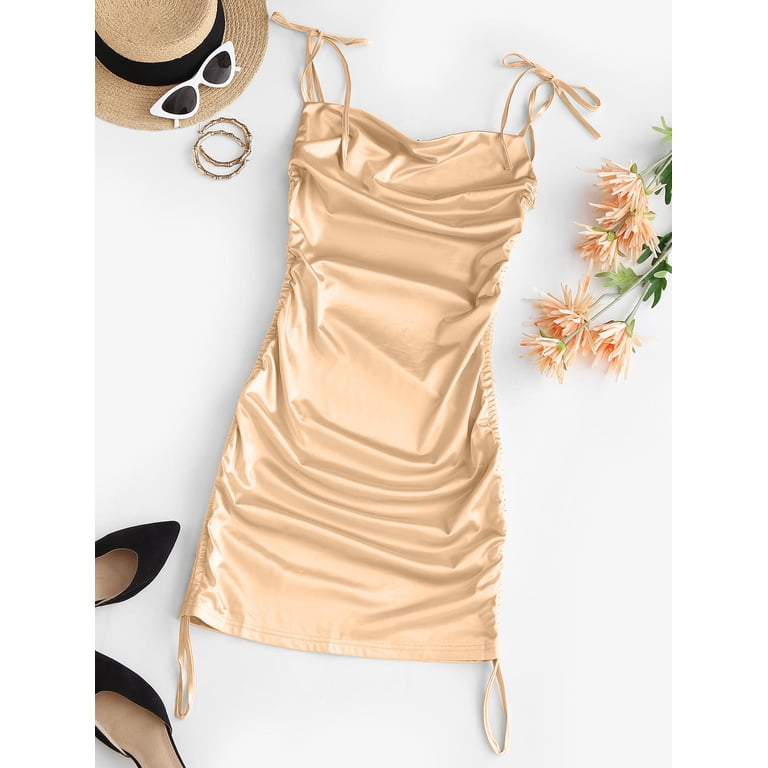 ZAFUL for Women Prom DressLeisure Cinched Side Tie Shoulder Silky Short  Dress Light Coffee S - Walmart.com