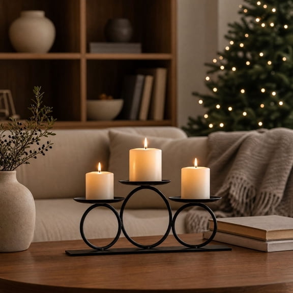 3 Tier Candle Holder Black Iron Round Candle Tray for Table Centerpiece, Modern Candelabra for Mantel Dining Room Decor, Christmas Thanksgiving Gift