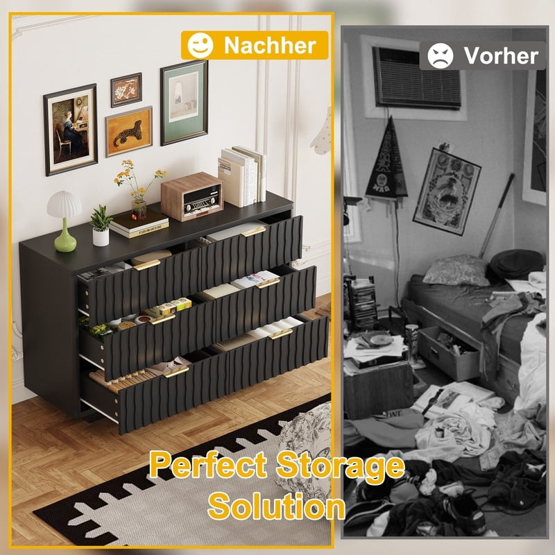 Fluted 6 Drawer Dresser for Bedroom, Wide Modern Chest of Drawers with Metal Handle, Curved Profile Design, Wood Closet Clothes Storage Organizer for Bedroom, Living Room, Hallway(Black)