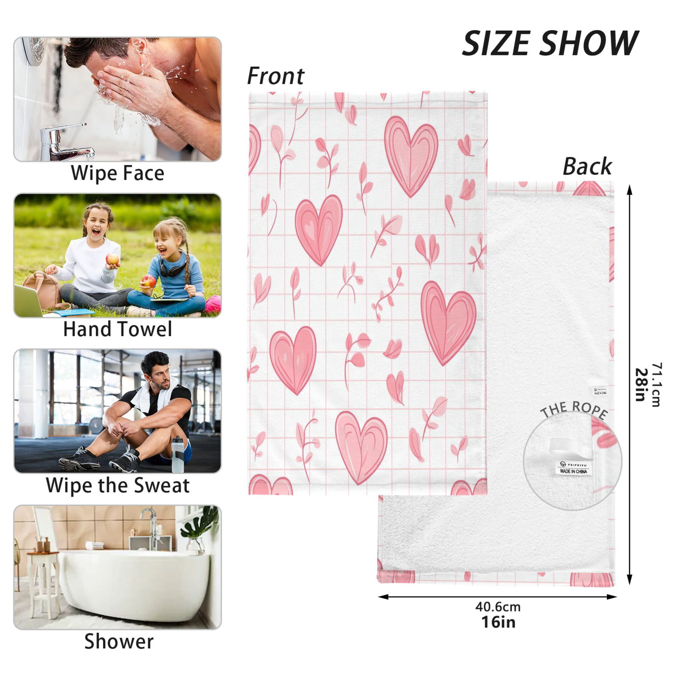2 Pcs Absorbent Face Towel Bath Hand Towels Soft Breathable Cotton Towel Set for Bathroom Kitchen Hotel Spa Decor Pink Heart