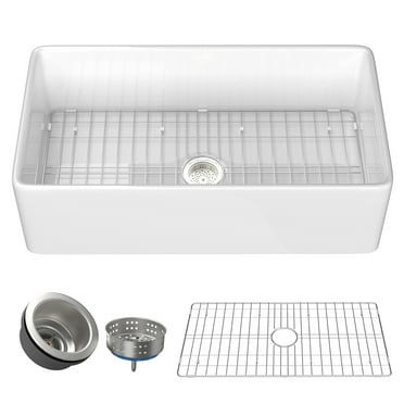 33 Inch Fireclay Farmhouse Kitchen Sink White Single Bowl Apron Front Kitchen Sink, Bottom Grid and Kitchen Sink Drain Included