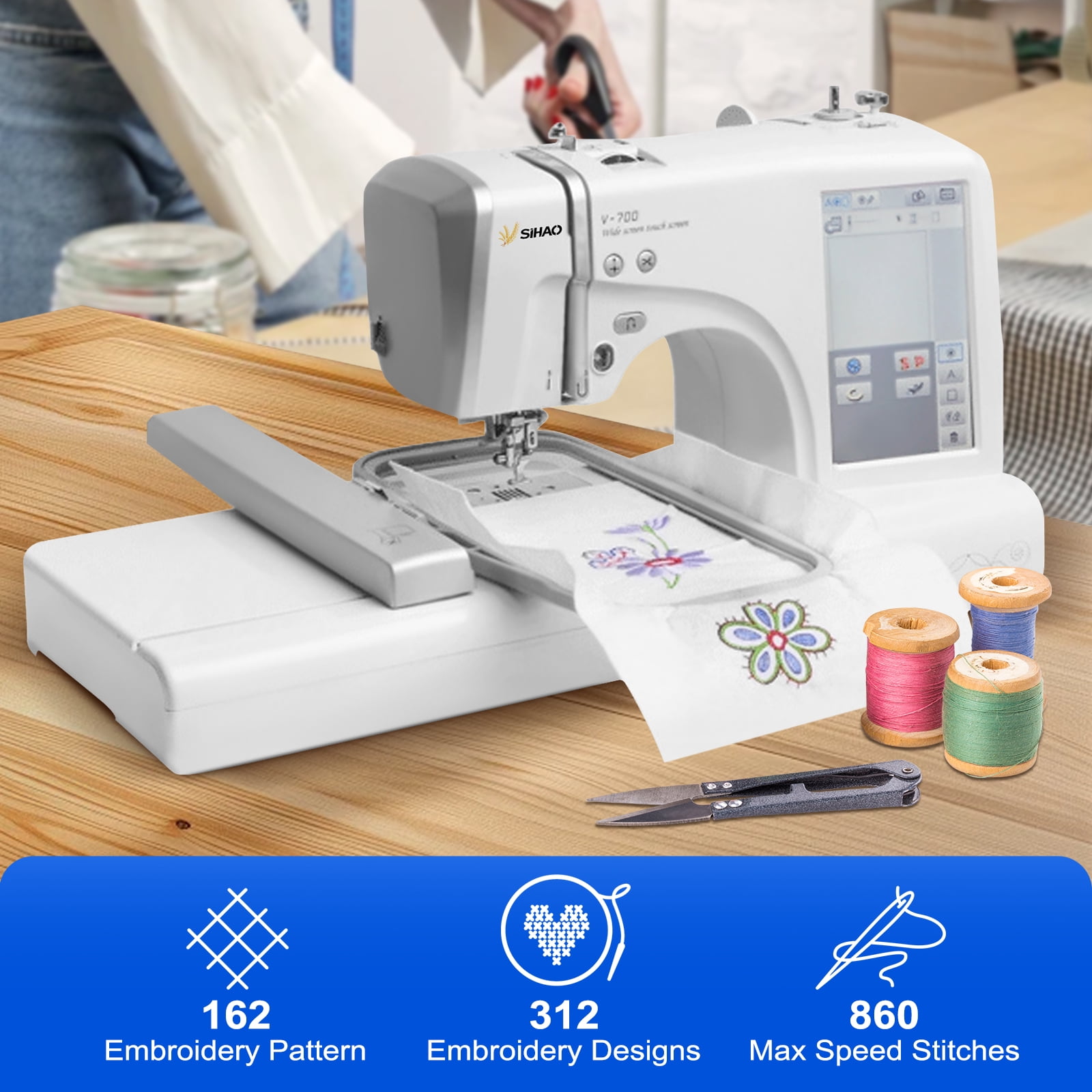 SIHAO MRS-V700 Embroidery Machine for Beginners, 4" x 9.25" Embroidery Area, 150 Built-in Designs, 10 Font Styles, 7" LCD Touch Screen with Hoops, USB, Stabilizer, Bobbins，etc