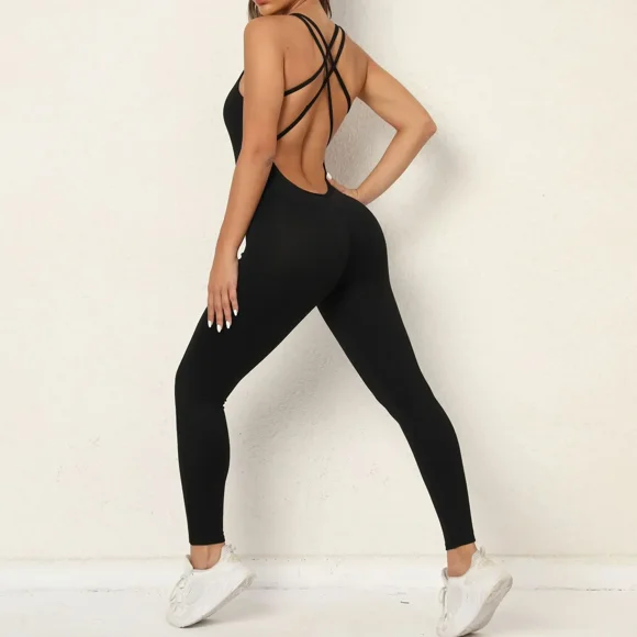 Sexy Backless Bodycon Scrunch Jumpsuit Raises Butt Women Dance Fitness Overalls Push Up Sleeveless Yoga Sport Jump Suit Black LZ