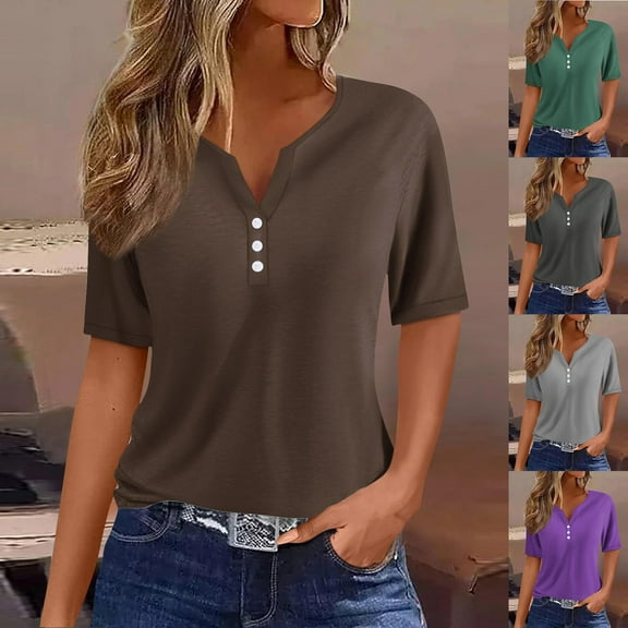 ZZwxWA Women's Casual Solid Color Short-Sleeved V-Neck Top