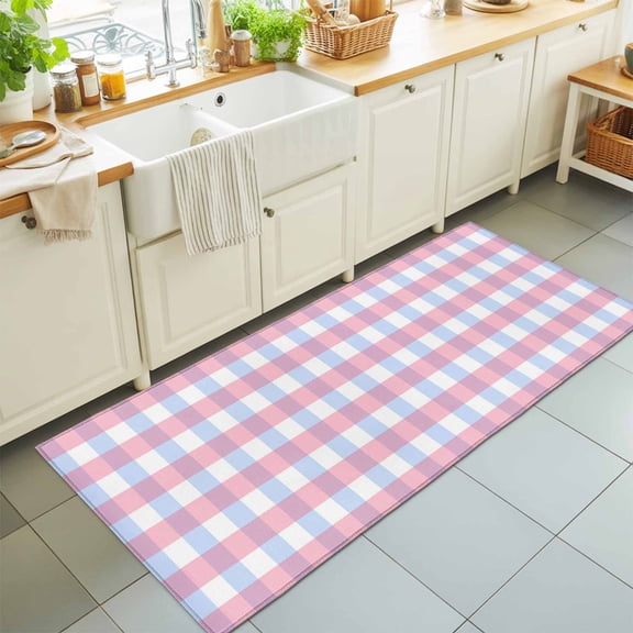 Hallway Runner Rug 2'x6', Blue Pink Plaid Kitchen Runner Rugs Non-Slip Carpet Mats, Watercolor Checkered Buffalo Farmhouse Bedside Rugs Runners Washable Floor Carpet for Bathroom Laundry Room
