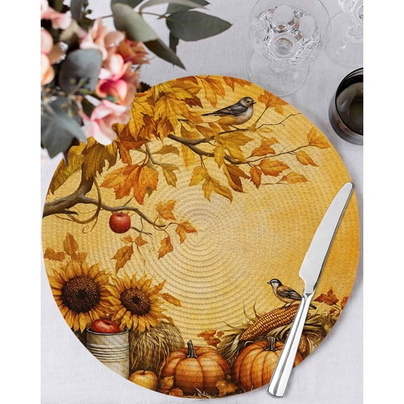 13 Inch Round Placemats Set of 4, Fall Orange Pumpkin Non Slip Heat Insulation PP Table Mats, Thanksgiving Maple Leaf Sunflower Washable Place Mats for Kitchen Dining Party Table Decor