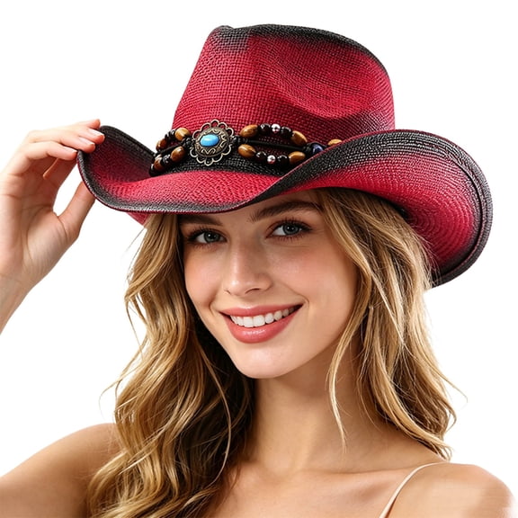 XIAOCHA Women's Adjustable Hat Band Straw Cowboy Hat Cattleman Outdoor Rodeo Wide Brim Western Hat,Red
