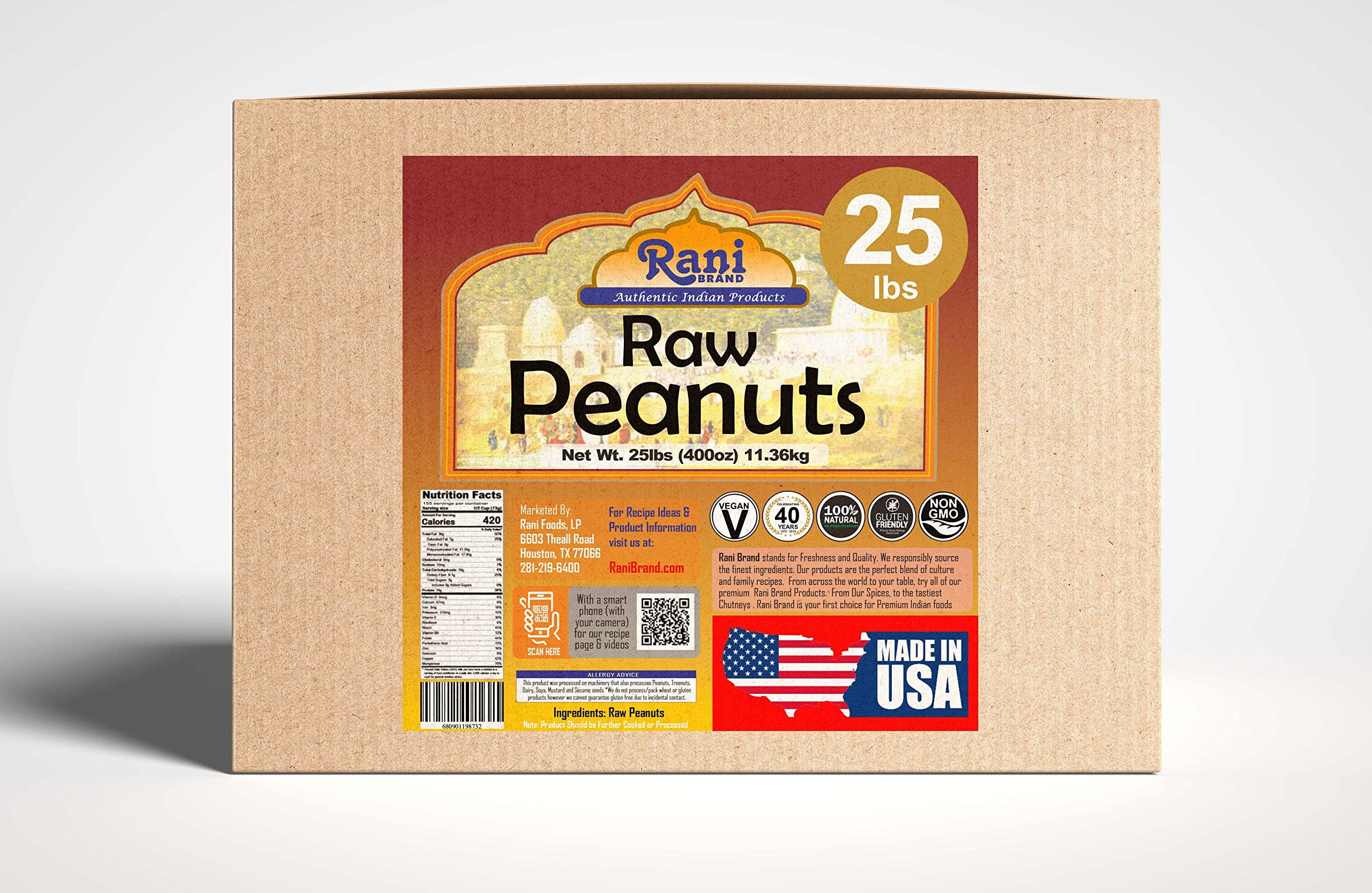 Rani Peanuts, Raw Whole With Skin (uncooked, unsalted) 25lbs (400oz) 11.36kg ~ All Natural | Vegan | Gluten Friendly  ~ Spanish Grade Groundnut / Red-skin