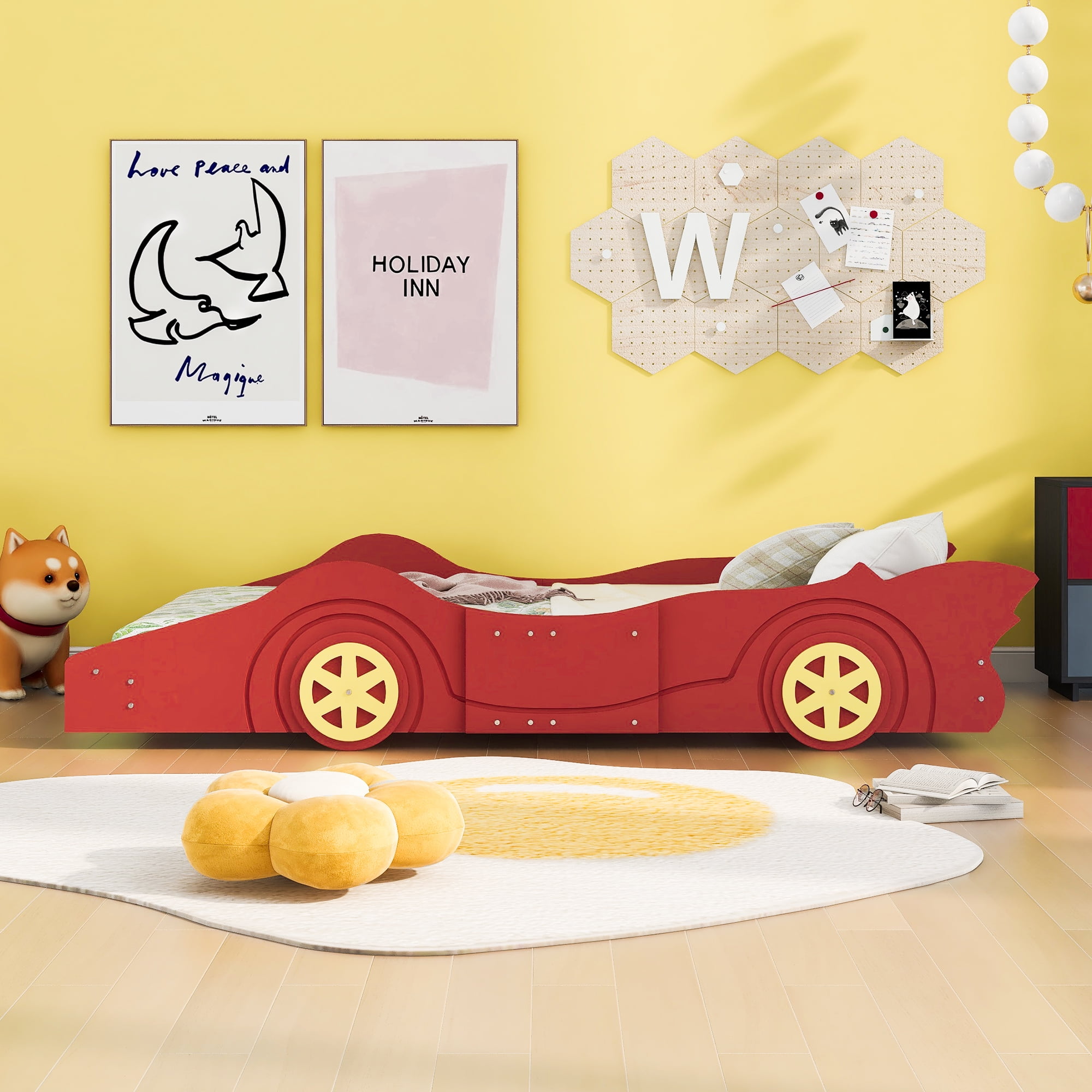 Aukfa Twin Size Race Car Bed, Wood Toddler Bed with Wheels, Red