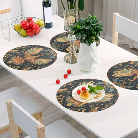 

Round Grid Placemat One Sizex1 Round Placemat PVC Plate Mat，15.4 Inch Non-Slip and Heat Resistant Table Placemat Dining Room Placemat Pretty Phoenix Pattern