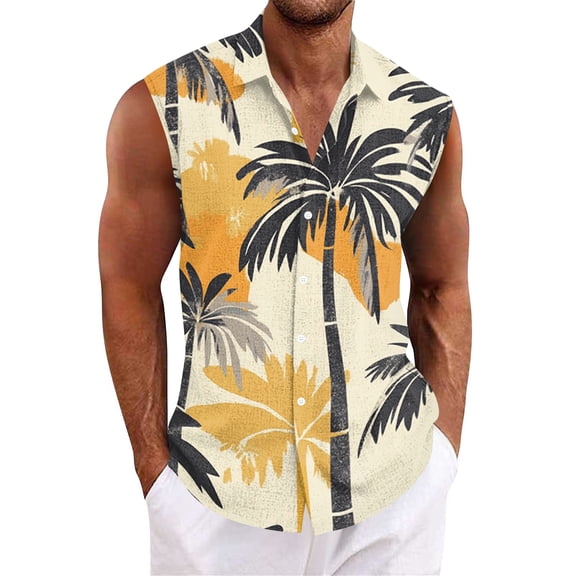 Hogleaql Men's Summer Sleeveless Dress Shirts Tank Top Button Down Hawaiian Tank Top Tropical Graphic Lounge Dressy Beach Tshirt Dark Blue L