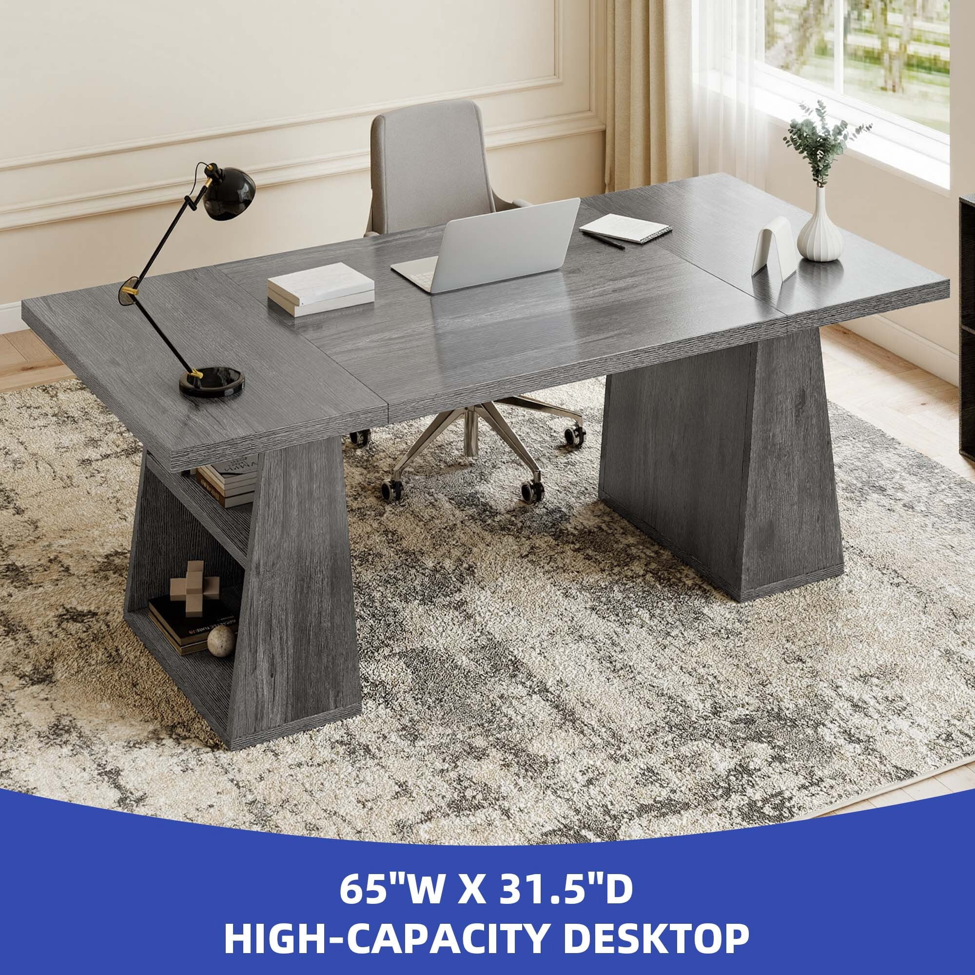 Craftian 63 inches Executive Desk with Double Pedestal and Storage Shelves, Home Office Desk Computer Desk Conference Table, Gray