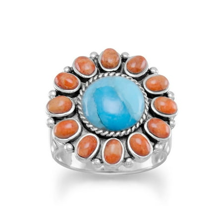 Turquoise Coral Band Oxidized Sterling Silver Ring Simulated Turquoise Orange Coral Sunburst Design - Ring Size: 6 to 10 ()