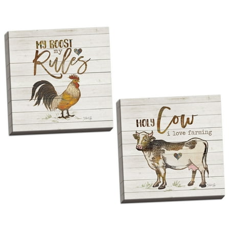 Cow Decor - Gango Home Decor Country-Rustic My Roost, My Rules & Holy Cow I Love Farming by Marla Rae (Ready to Hang); Two 12x12in Hand-Stretched Canvases